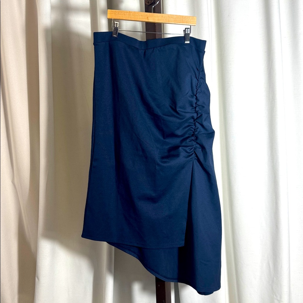 The Drop Navy Blue Ruched Asymmetrical Midi Skirt Women’s Size L - Picture 3 of 9